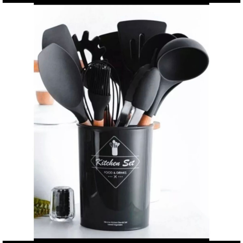 Kit Utensílios de Cozinha Decoração Gancho 12 Peças Silicone e Bambu