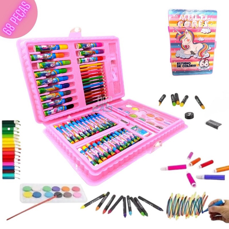 Kit Estojo Material Escolar Infantil Para Pintura Maleta 68 Peças