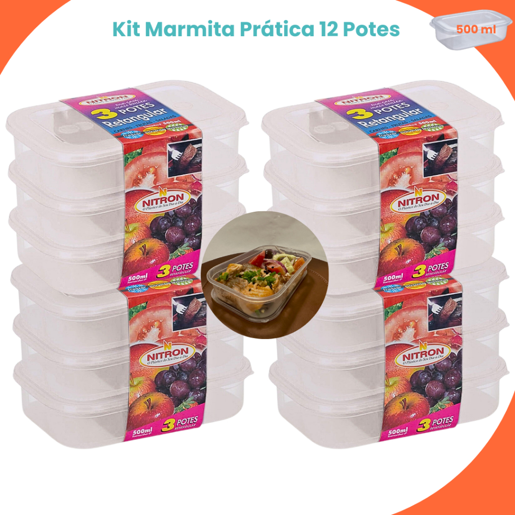 Conjunto 12 Potes Marmitas Fitness Retangular Empilhavel Plastico