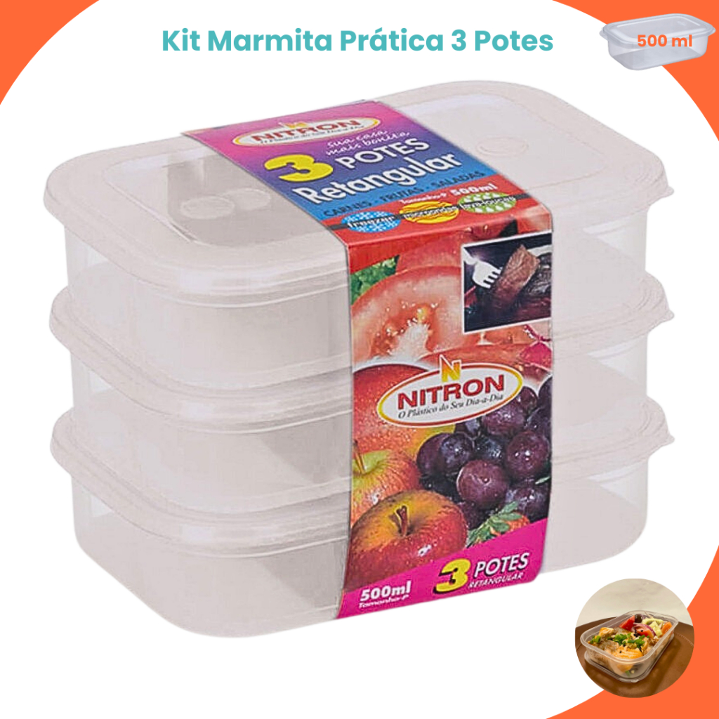 Conjunto Potes Marmitas Fitness Retangular Empilhavel Plastico