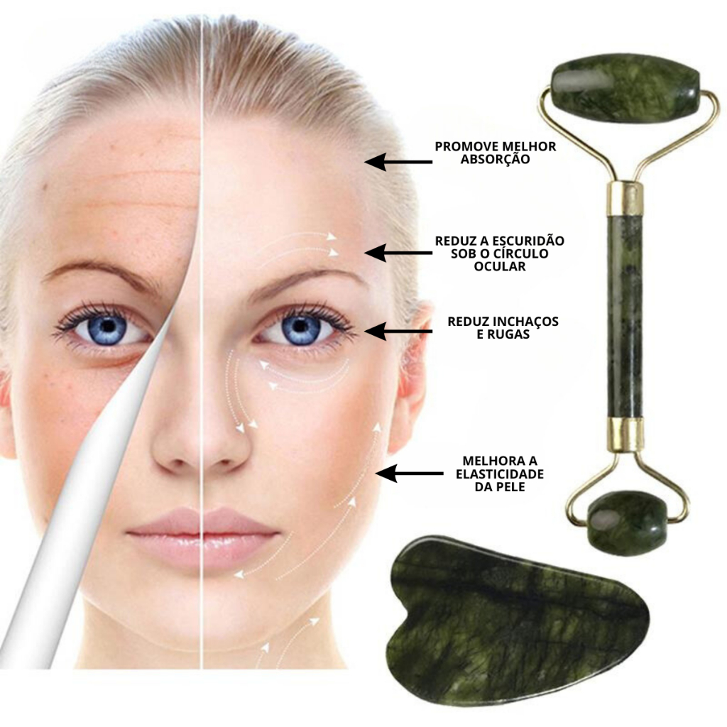 Massageador Rolinho Facial Pedra De Jade 2 Em 1 Pedra Gua Sha