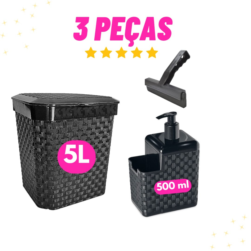 Kit Lixeira Pia 5 Litros Porta Detergente Sabão Rodinho de Pia Kit