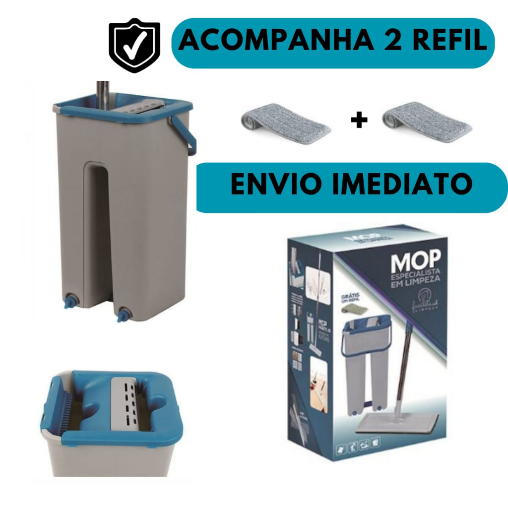 Mop Flat Balde 6 Litros 2 Refis Cabo Extensivel Inox Grande