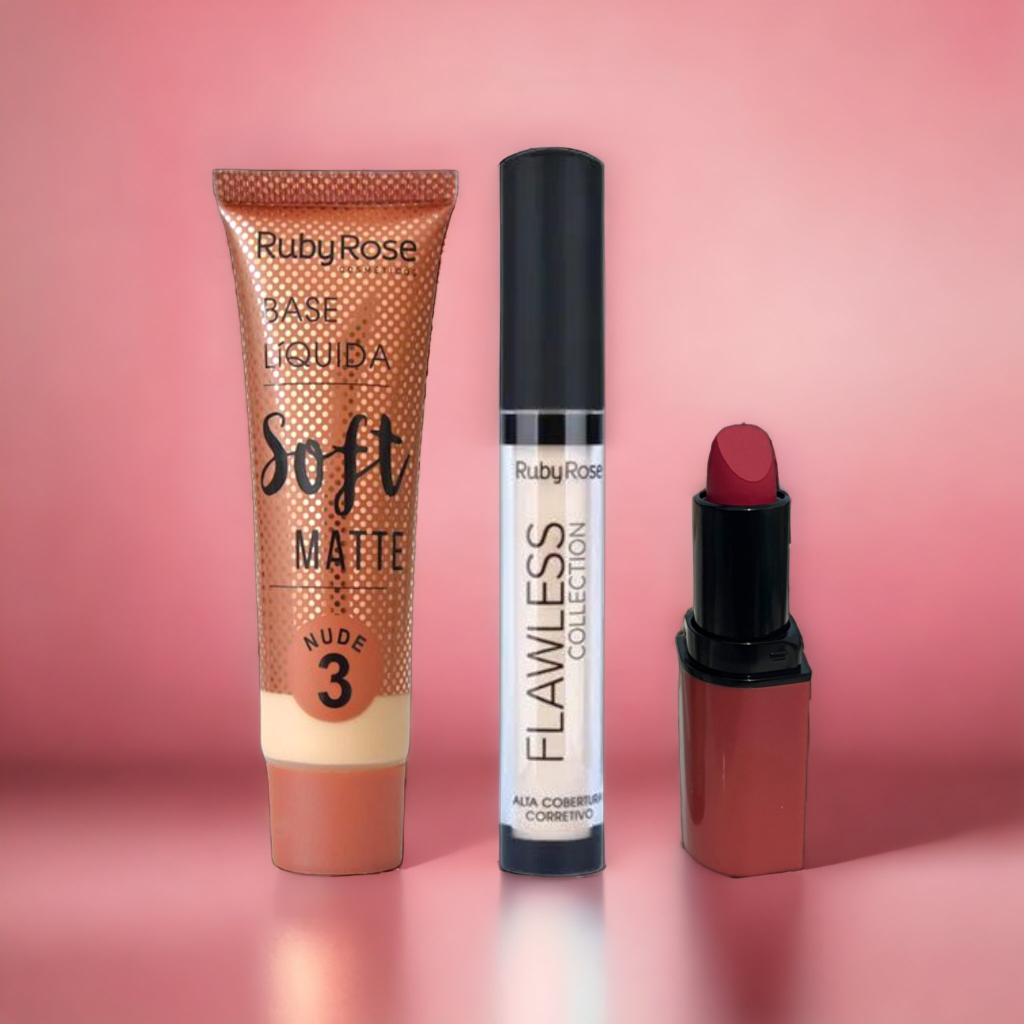 Kit Base Ruby Rose Nude Corretivo Alta Cobertura Flawless Nude