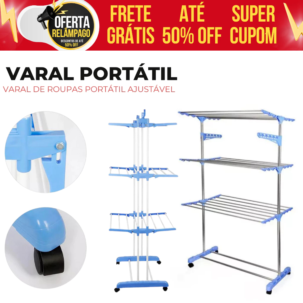 Varal De Chão 3 Andares Dobrável Retrátil Aço 4 Rodas Azul Shopee Brasil