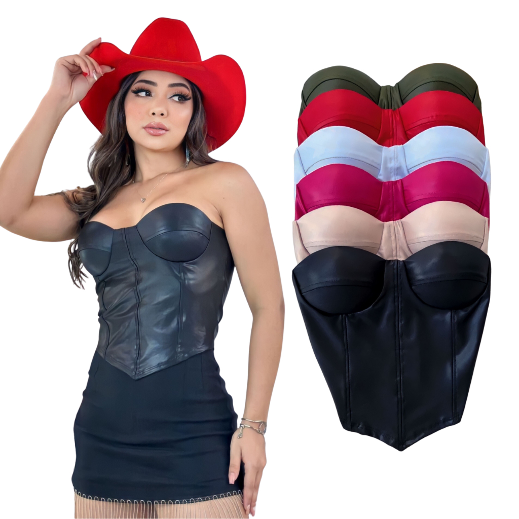 Cropped Feminino Corset Couro Fake Tomara Que Caia Preto Corselet