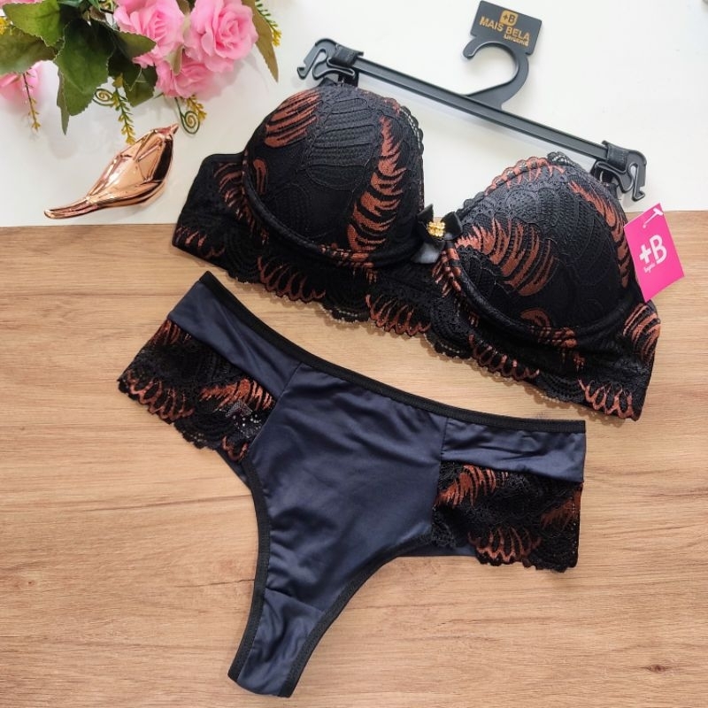 Conjunto Lingerie Rendado Bicolor Calcinha Fio Cintura Alta Moda