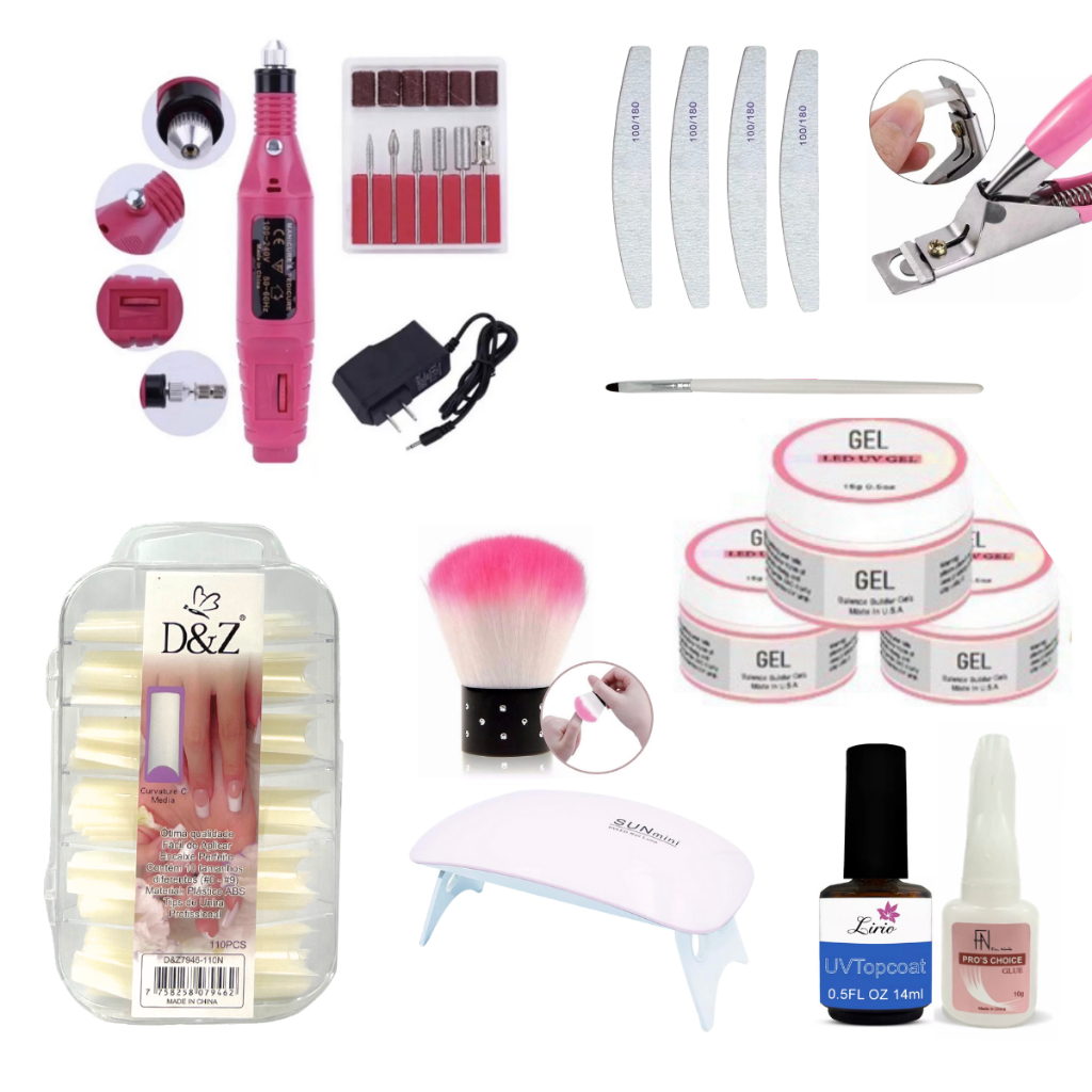 Kit Iniciante Alongamento Unha Manicure Completo Tips Lixadeira Caneta