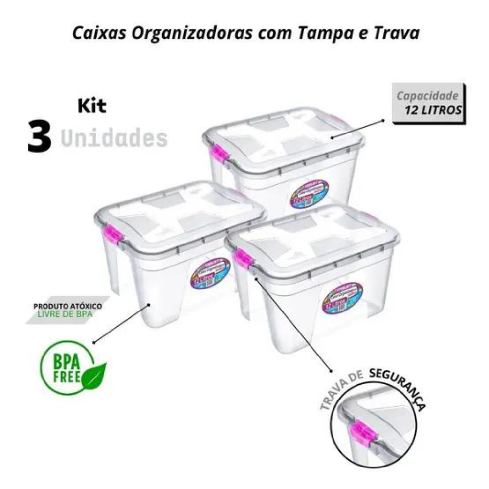 03 Caixas Organizadoras Multiuso Transparente 12 Litros Tampa E