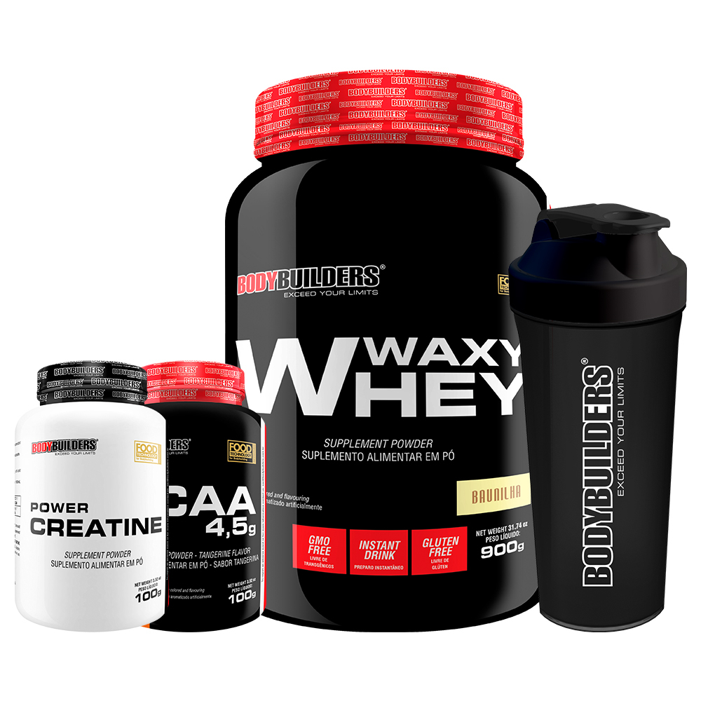 KIT Waxy Whey 900g BCAA 100g POWER Creatina 100g Coqueteleira