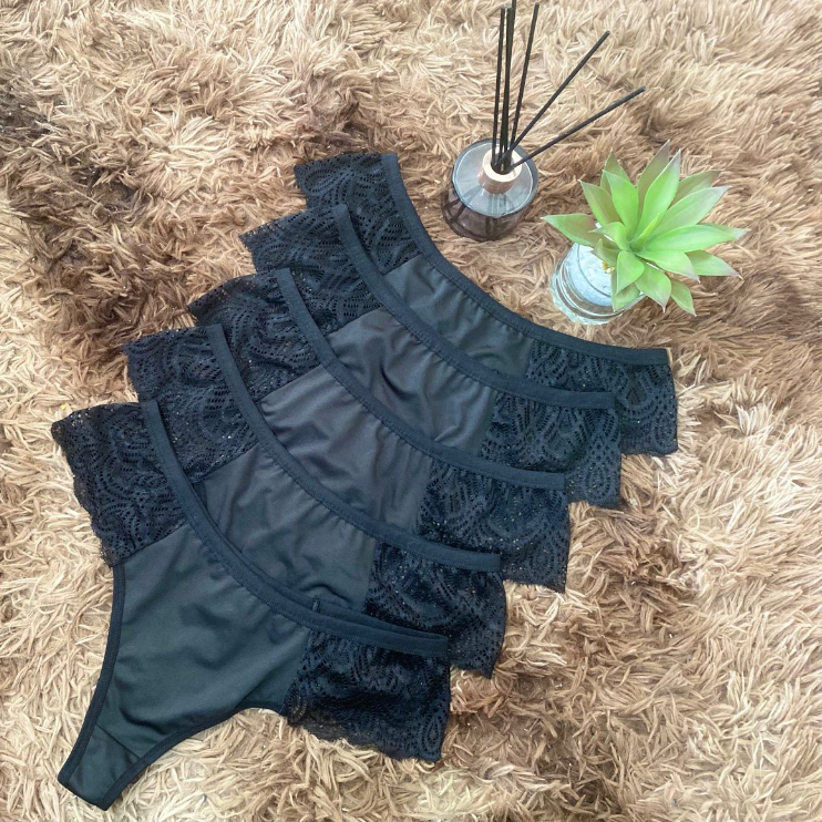 KIT DE UNIDADES PRETAS FIO LEONA RENDA NA LATERAL LINGERIE Shopee
