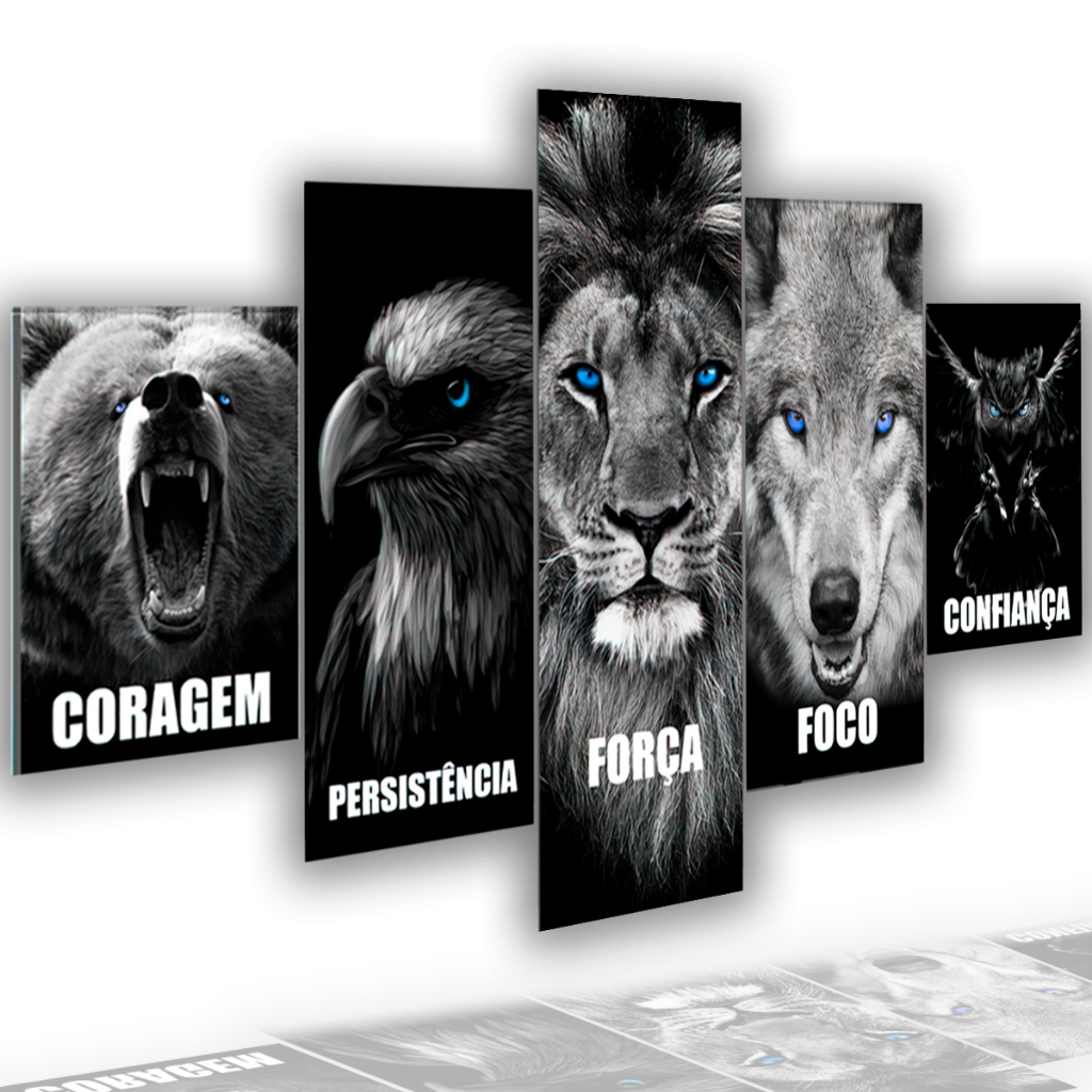 Quadros Decorativos Mosaico Leão Águia Lobo Disciplina Sucesso Frases