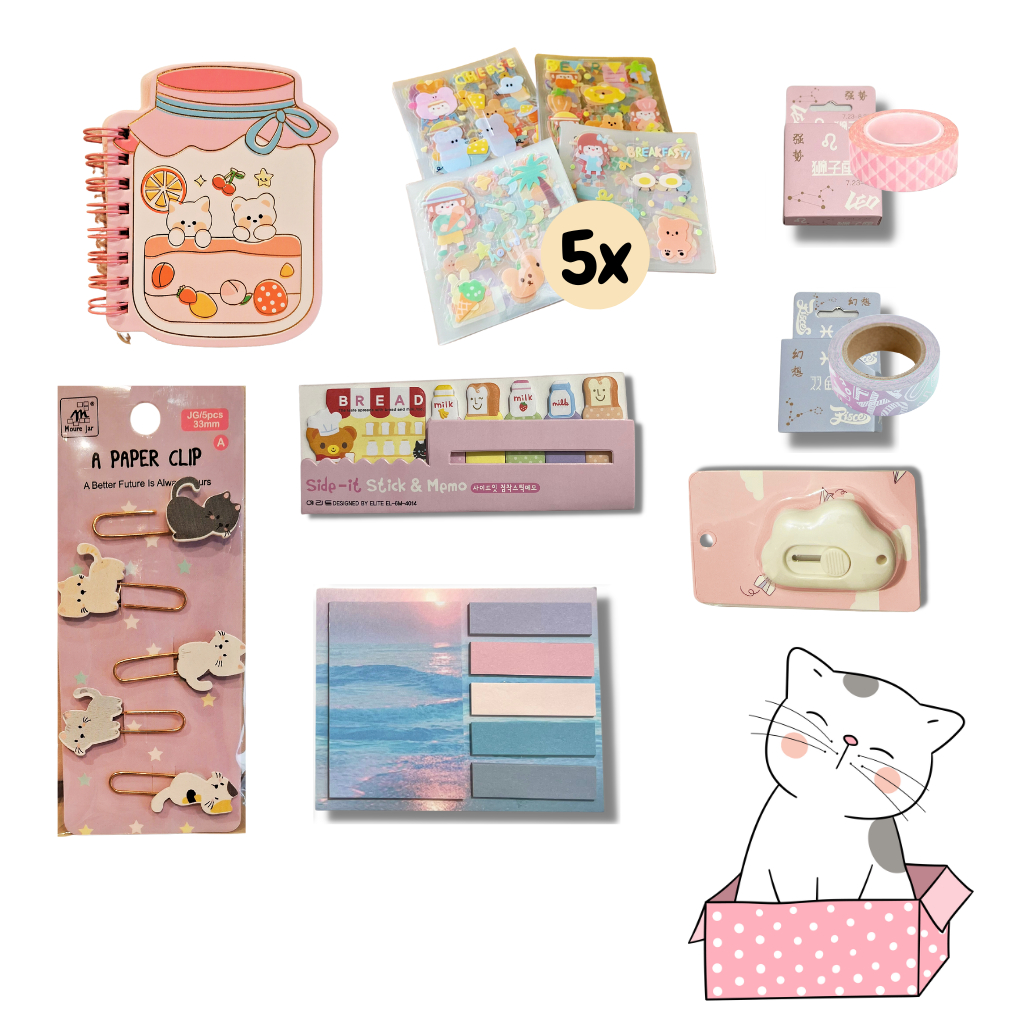 Kit Papelaria Kawaii Bloquinho Post It Estilete Adesivos Clipes Washi