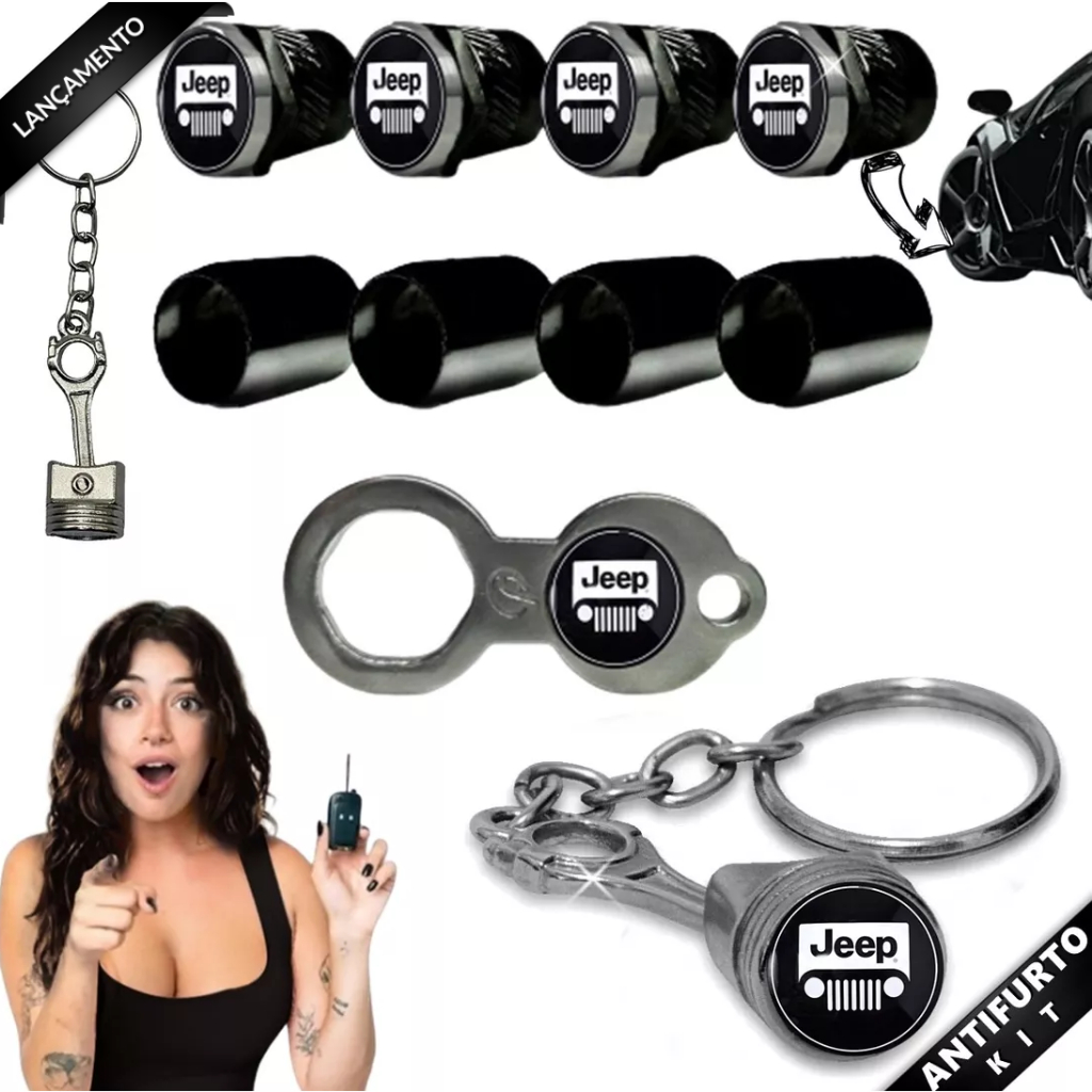 Kit Jeep Antifurto Metal Preto Roda V Lvula Bico De Pneu Chaveiro