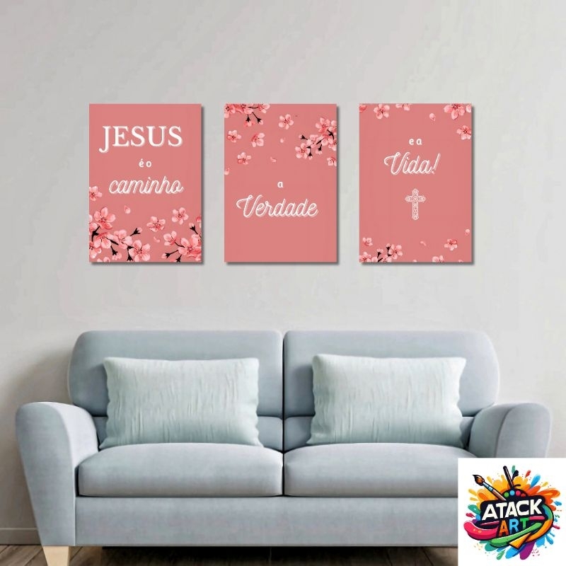 Kit 3 Quadros Decorativos Jesus Em MDF 3mm Revestidos Em Vinil