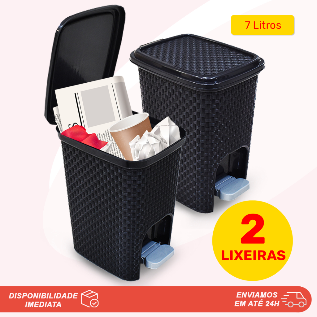 Kit 02 Lixeiras Pedal 7 Litros Rattan Preta Resistente Ideal Para