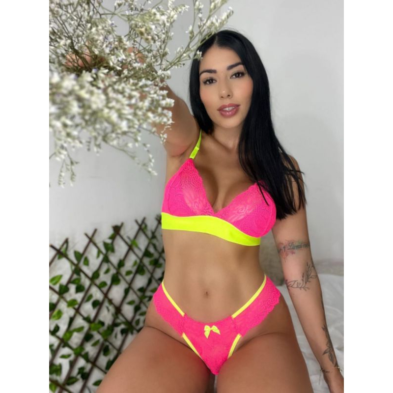 Conjunto Lingerie Neon Renda Suti Sem Bojo Calcinha Fio Sexy Shopee