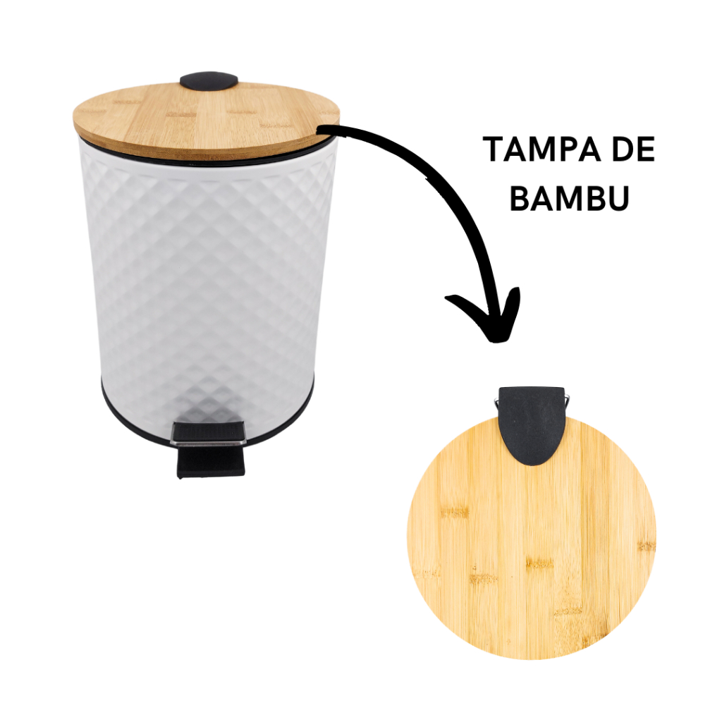 Lixeira tampa de bambu 5 litros pedal banheiro alça cesto