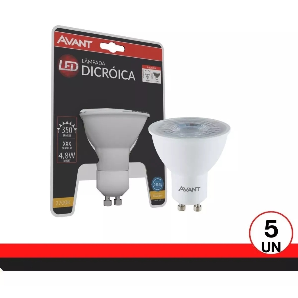 Kit 5 Lampadas Led Dicroica 4w Luz Branca Neutra E Amarela AVANT Gu 10