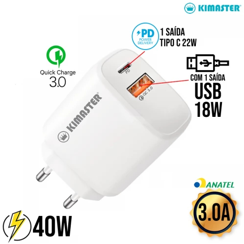 Carregador Fonte Duplo Rápido Turbo 40w Usb 18W Usb c Pd Qc 22W