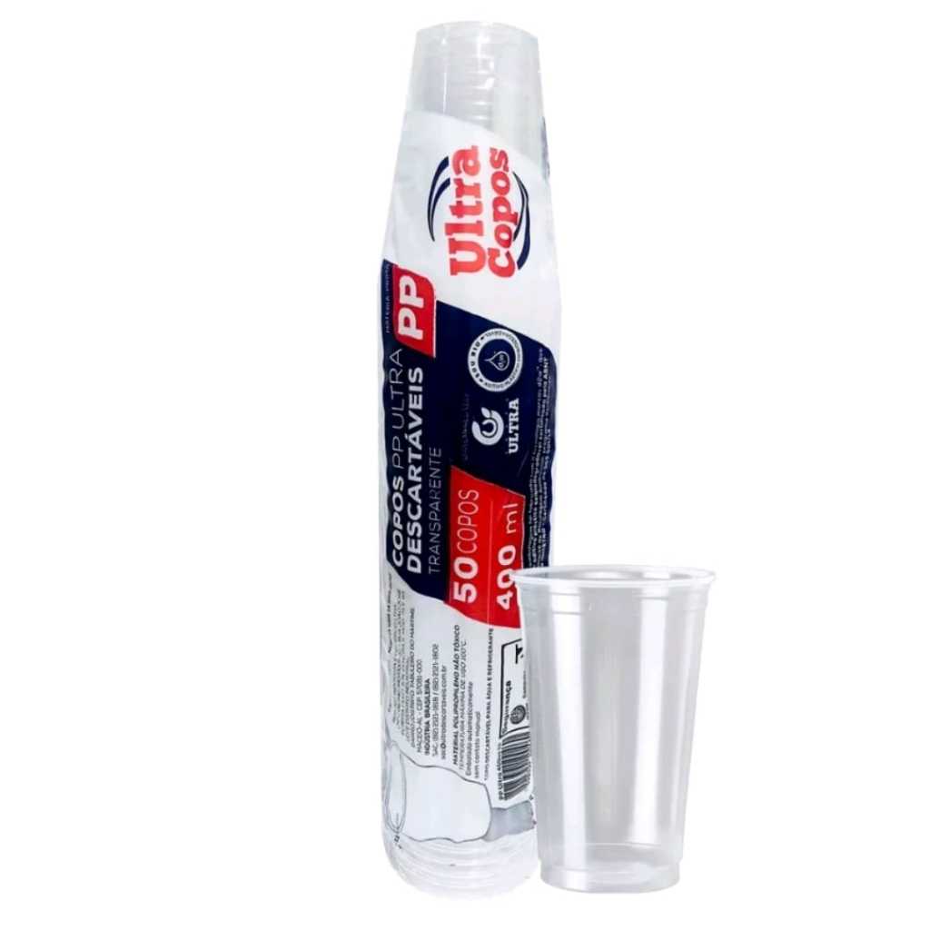 50 Copos Liso PP 400ml Resistente Transparente Ideal Para Cerveja