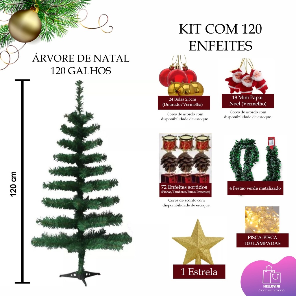 Arvore Natal Decorada Completa 120 Enfeites Pisca Pisca 90 CM 120CM