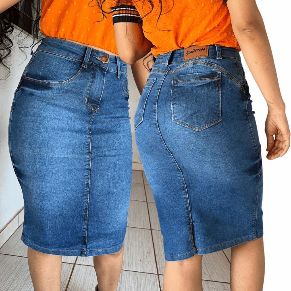 Saia Jeans Secret Ria Elastano Cintura Alta Moda Evang Lica