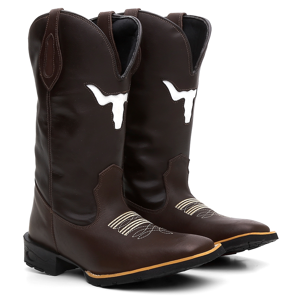 Bota Botina Texana Country Masculina Boi Vazado Marrom Em Couro