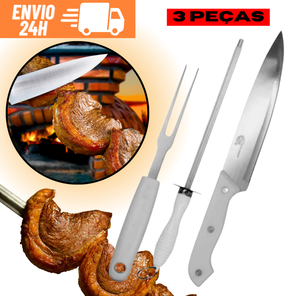 Kit Churrasco Pe As Faca Garfo Trinchante E Chaira De Inox