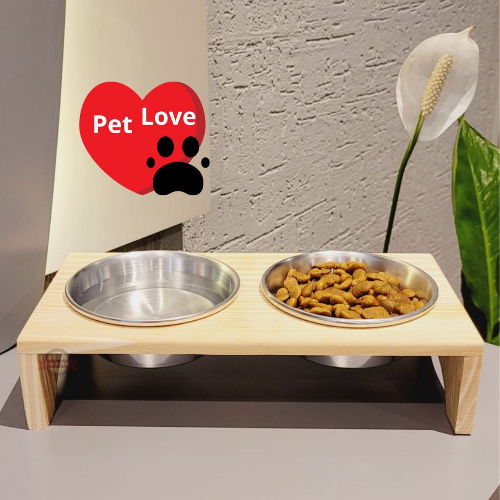 Comedouro Duplo Elevado Para Cachorro E Gato Pote Aluminio Madeira