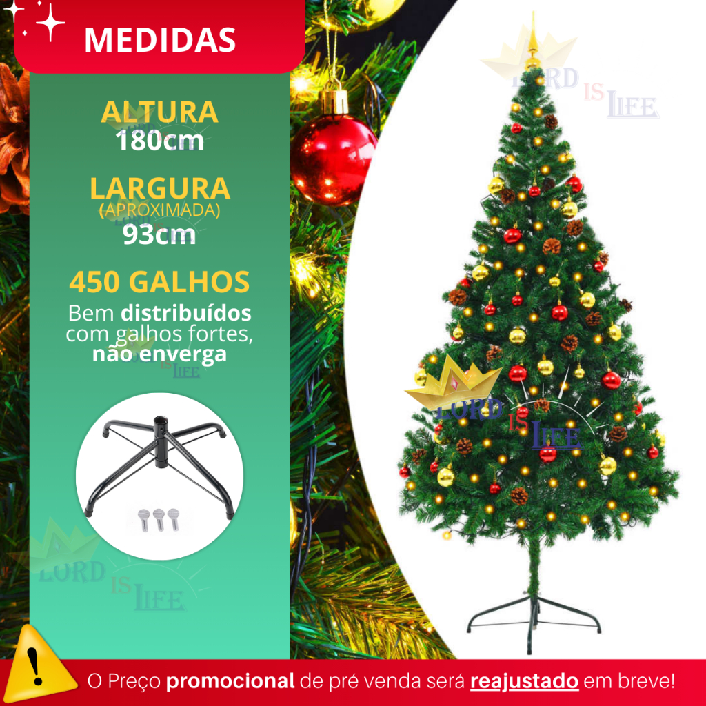 Árvore Pinheiro de Natal 180 cm 350 Galhos Cheia Grande Luxo Decoração