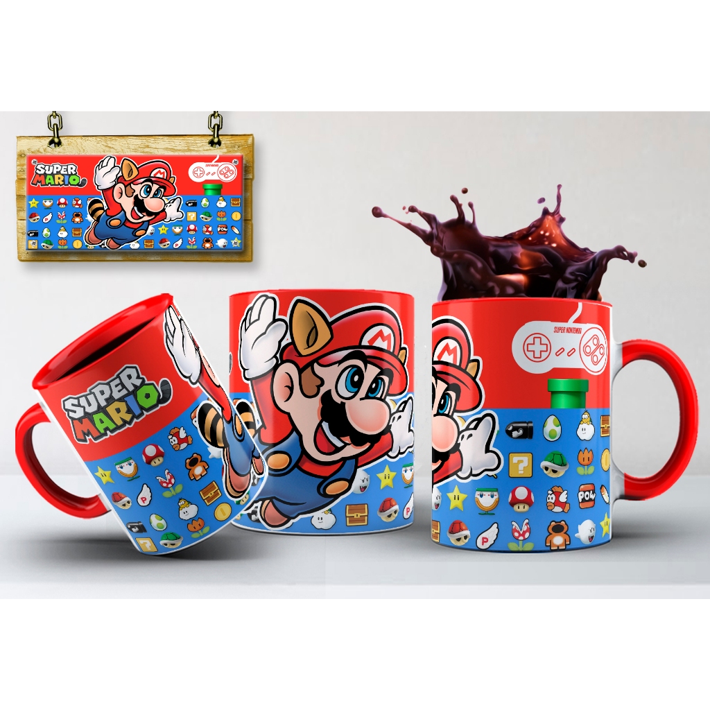 Caneca Super Mario Bros Personagens Luigi Yoshi Peach Toad Bownser