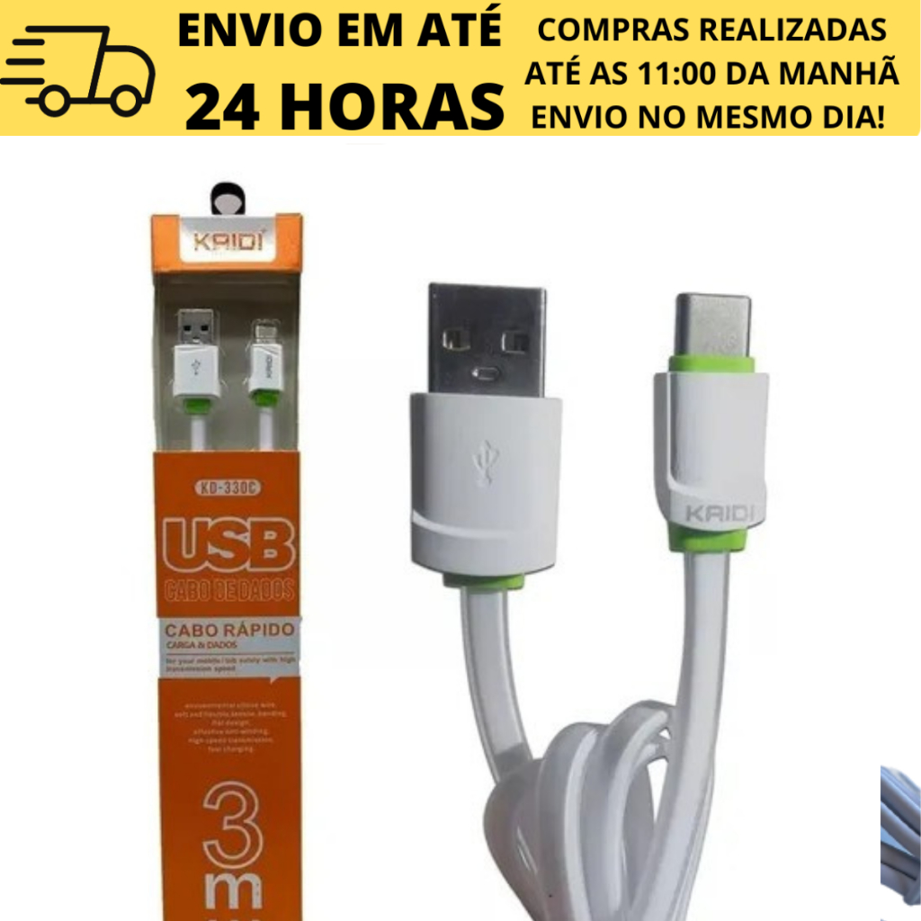 Cabo De Dados E Carregamento 3 Metros Usb Celular Tipo C KD 330 Kaidi