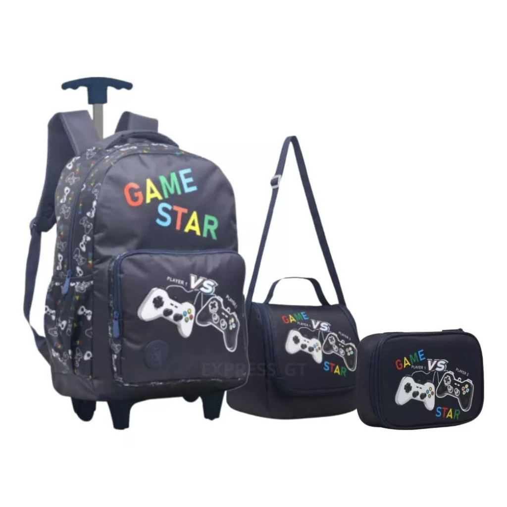 Kit Mochila Escolar Rodinha Junvenil Meninos Game Star Play KIT6339