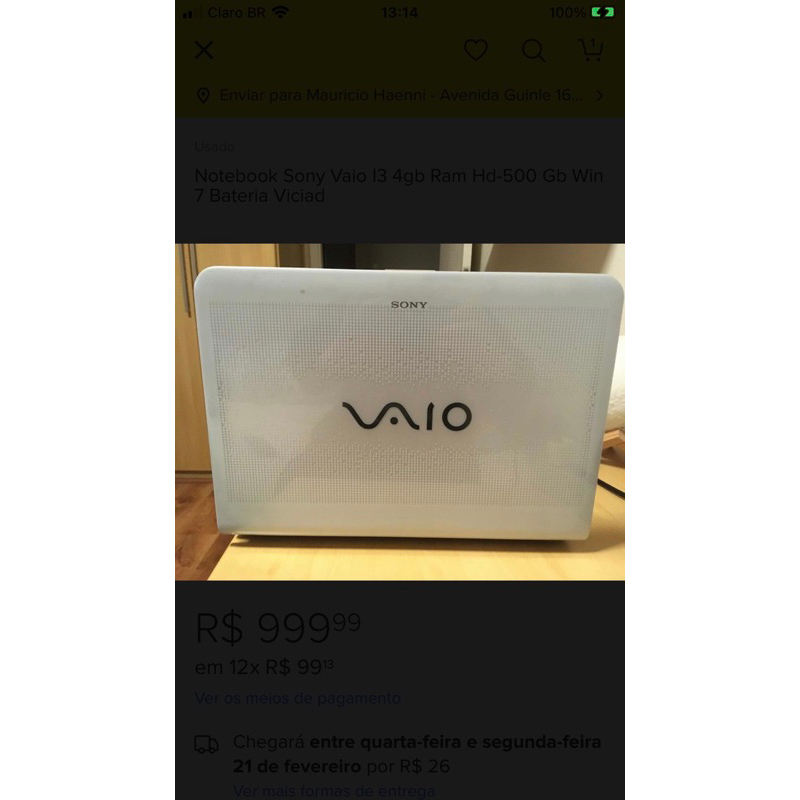 Notebook Sony Vaio I Gb Ram Hd Gb Bateria Funciona Na Tomada