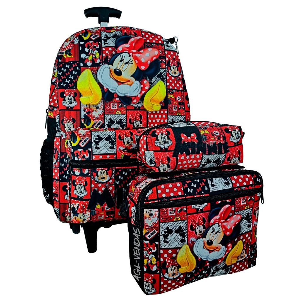 KIT MOCHILA ESCOLAR MENINA DE RODINHAS DA MINNIE MOUSE CLASSIC