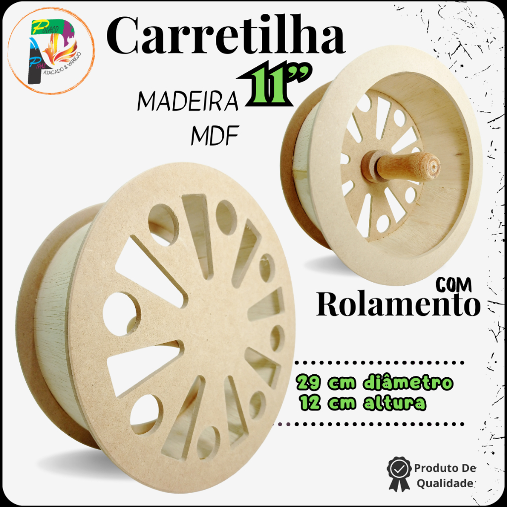 Carretilha De Madeira Mdf Cm Rolamento Crua Pipa Unidade