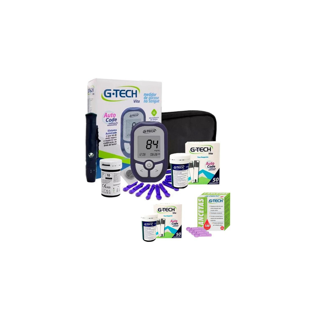 Kit Medidor Glicose Glicemia Gtech Vita 110 Tiras Reagentes Produto