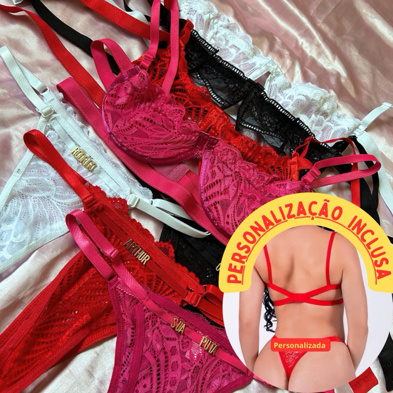 Conjunto de Lingerie Personalizada Gringa Meia Taça Personalize nome ou frase Shopee Brasil