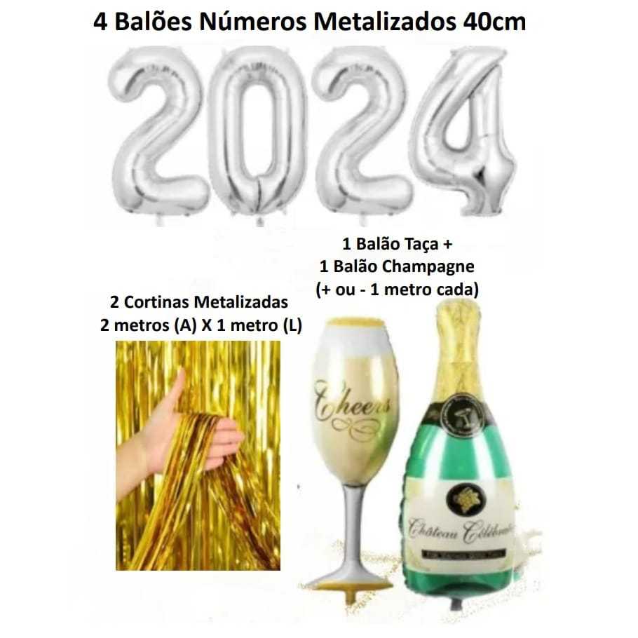 Kit Decoração Ano Novo Balão 2024 GRANDE 70cm PRATA 2 Cortina