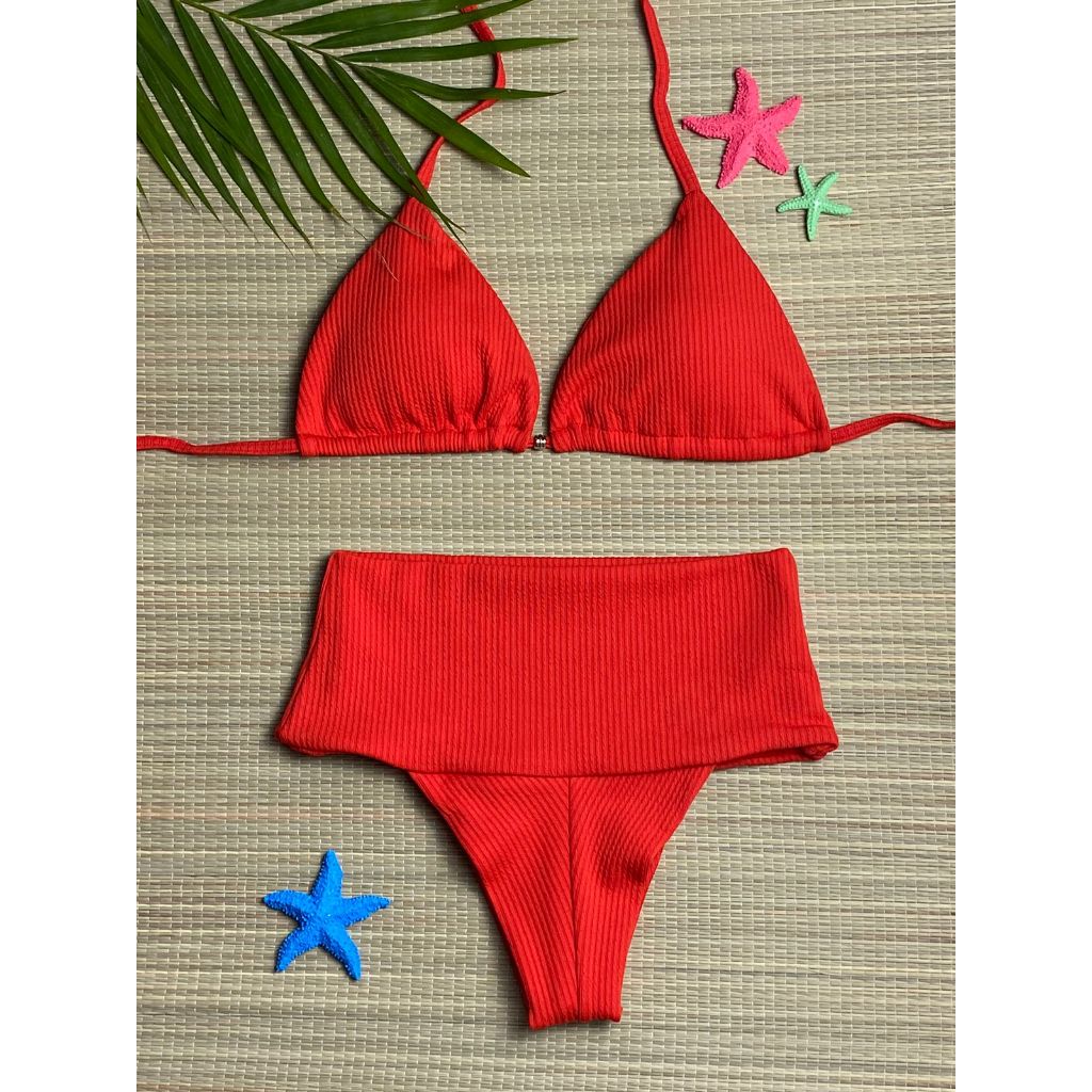 Biquini Cortininha Hot Paint Calcinha Cós Alto Duplo Praia Verão