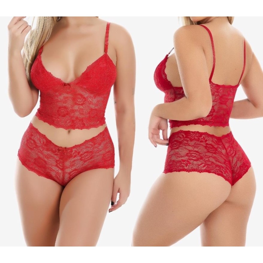 Kit Conjuntos Espera Marido Lingerie De Renda Cropped E Calcinha