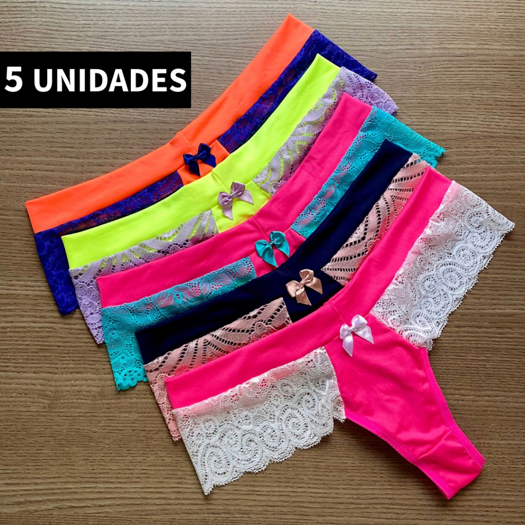 Kit 5 Calcinha Bicolor De Microfibra Renda Neon Conforto Lingerie