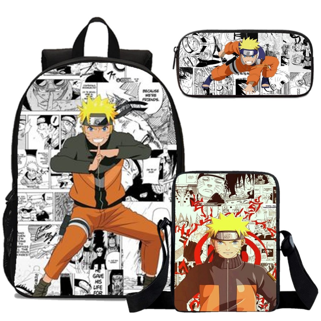 Kit Mochila Lancheira E Estojo Naruto Anime Quadradinhos Infantil