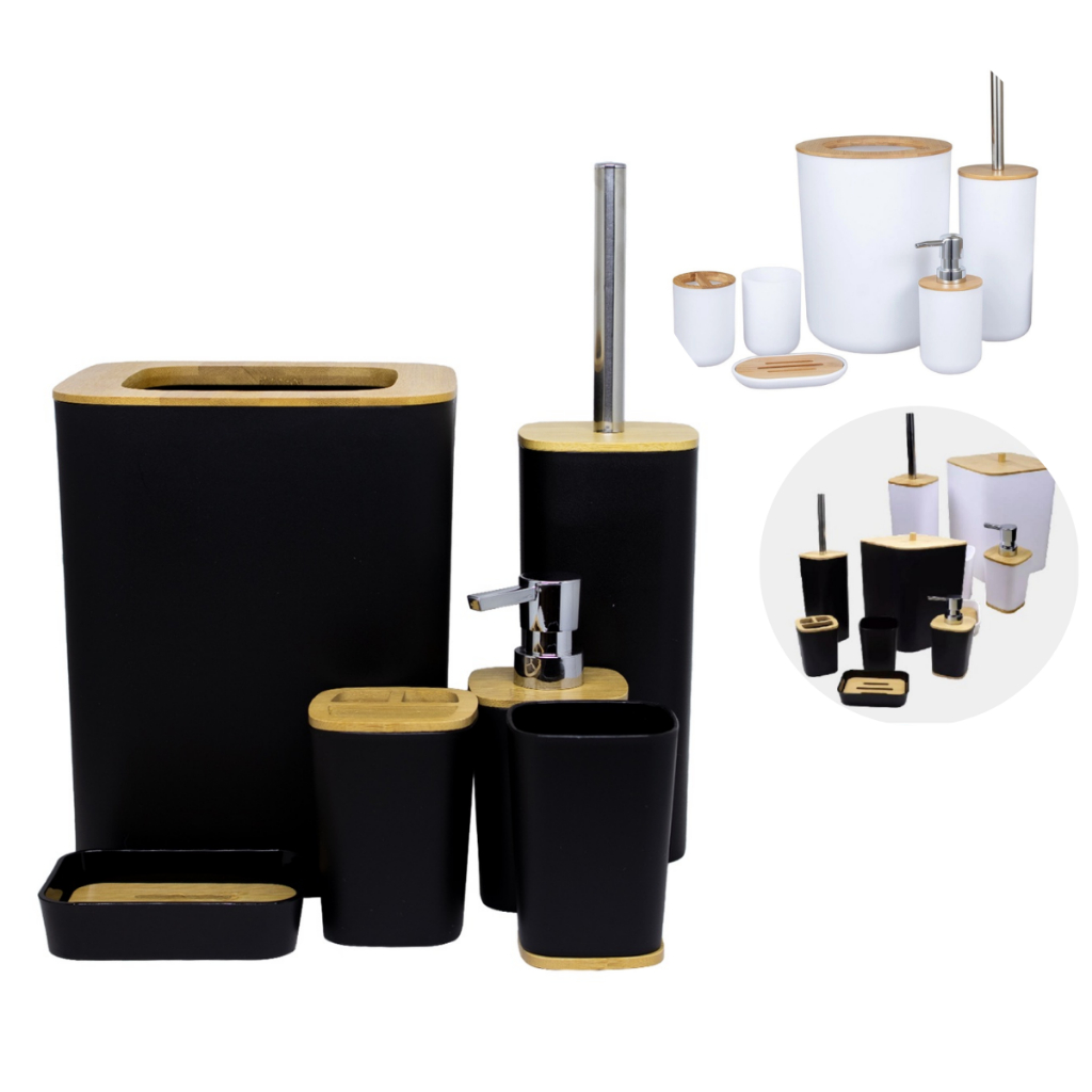 Kit De Banheiro 6 Peças Design Moderno Plástico C Bambu Lixeira