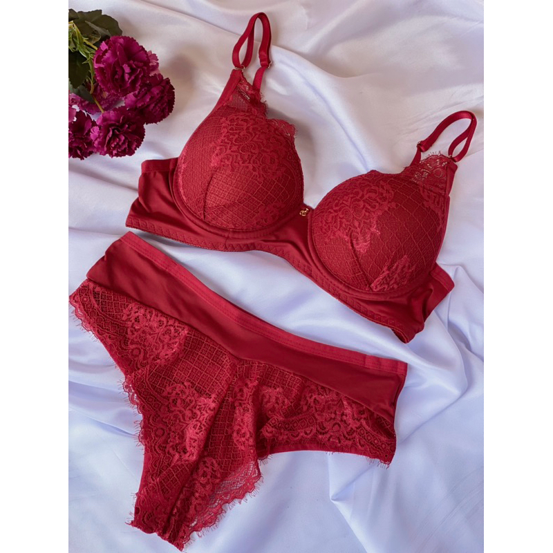 Conjunto De Calcinha Cintura Alta E Suti Bojo Lingerie Em Renda