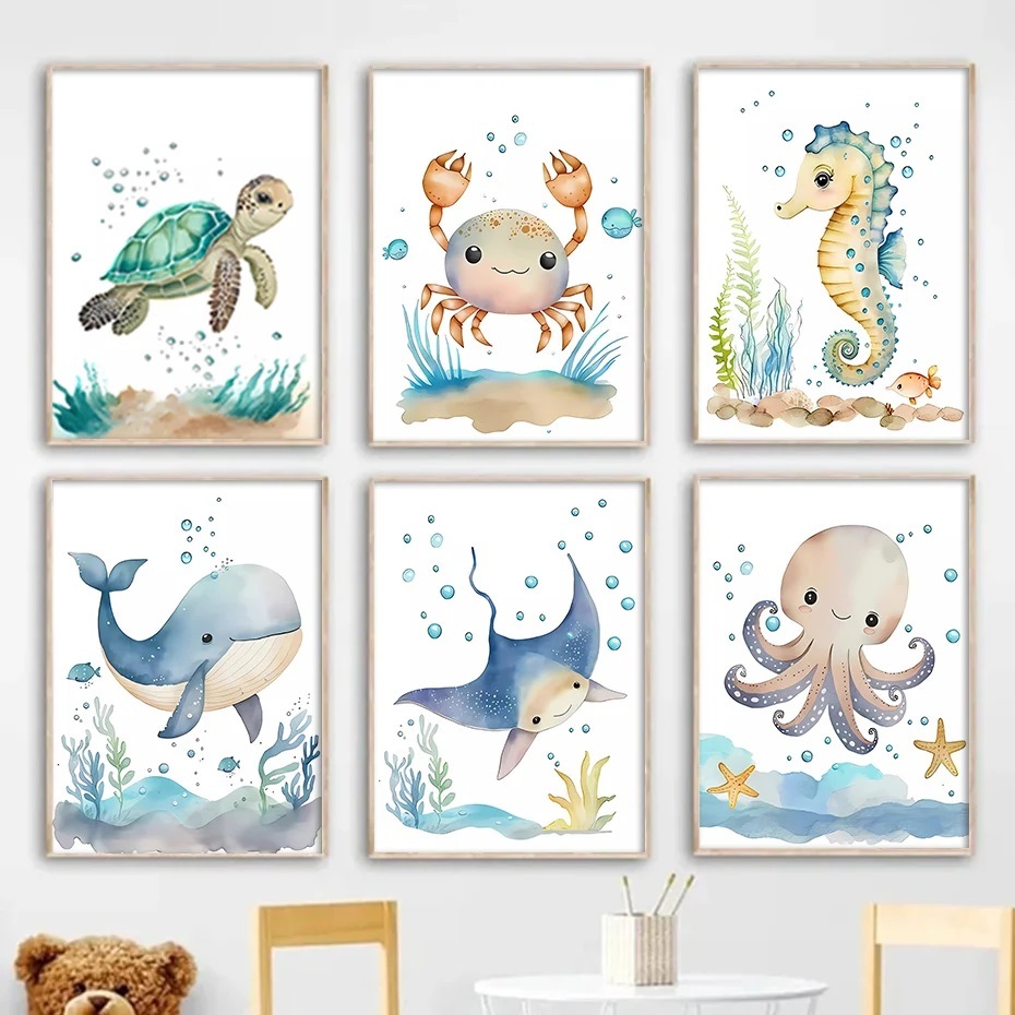 Quadro decorativo 3 peças 20x30 animais do oceano baleia cavalo marinho