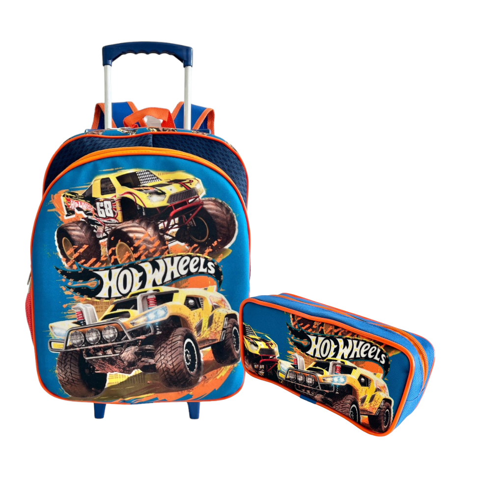 Mochila G Rodinhas Estojo Escolar Infantil Monster Truck Hot Wheels