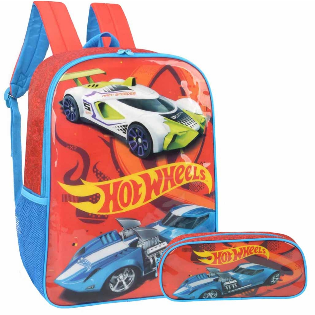 Mochila De Costas Menino Infantil Impermeável Hot Wheels Kit Estojo