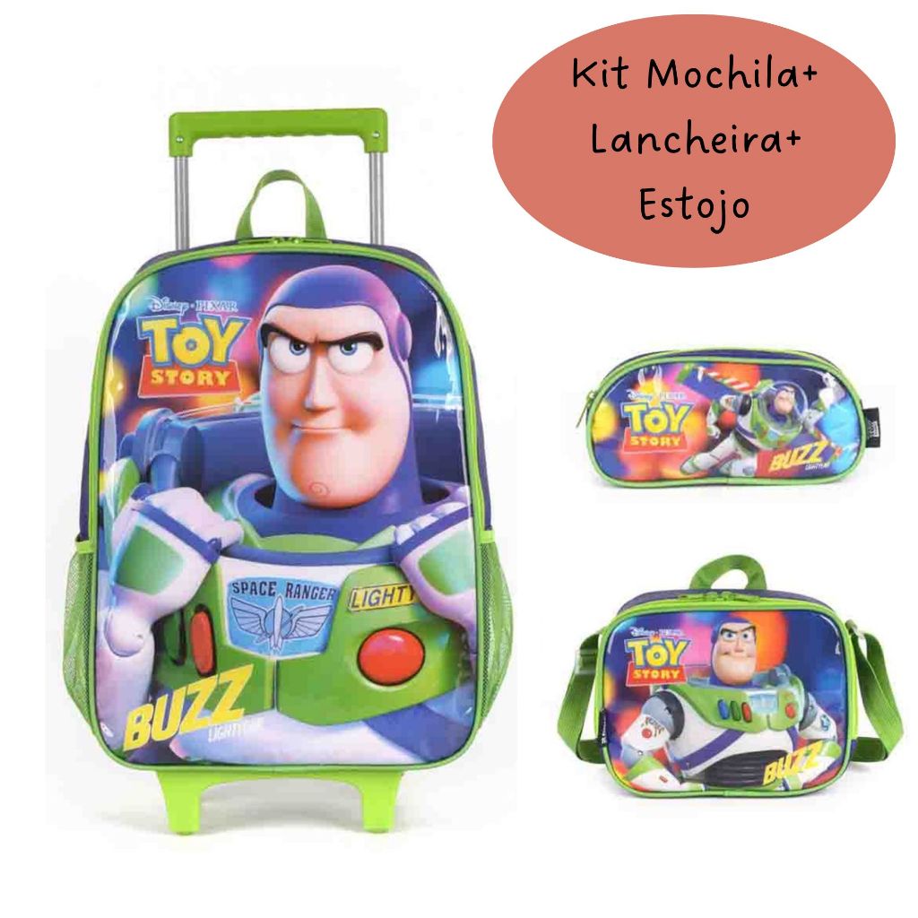 Kit Mochila Rodinhas Lancheira Térmica Estojo Infantil Toy Story